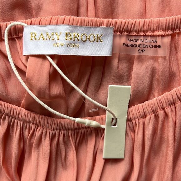 NWT Ramy Brook Peach Orange Long Embroidered Sleeve Ruched Elastic Waist Dress S - Picture 4 of 9